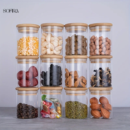Glazen Voorraadpotjes Set met Bamboe Deksel – 12-delig (235ml)